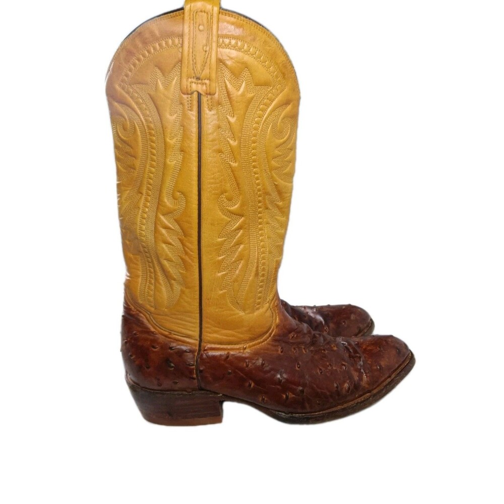 Rudel Western Boots Men's Size 9.5 E Ostrich Embossed Leather Brown
